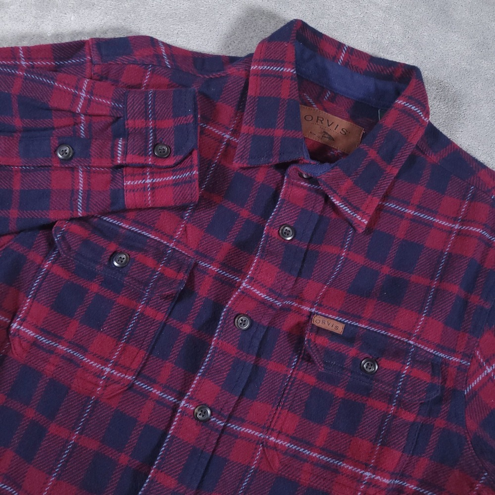 Orvis Flannel Shirt Men Medium Burgundy Navy‎ Plaid Big Bear Shacket 1312517